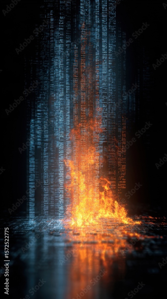 Poster a conceptual image of a breached firewall with digital flames depicting hackers exploiting vulnerabi