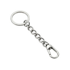 Shiny silver metal keychain ring with a short chain extender featuring highly polished oval links and an open hook, perfectly isolated on a pristine transparent background with diffused studio