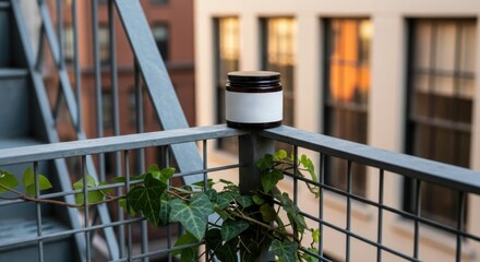 Cosmetic jar mockup with blank label on a metal fence in an urban setting. Skincare product with ivy for branding.