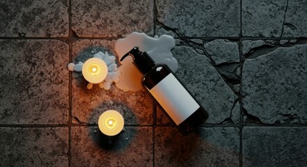 Top view of a cosmetic product bottle with blank label, mockup, and candles with melted wax on a stone floor. Beauty and personal care product presentation for advertising.