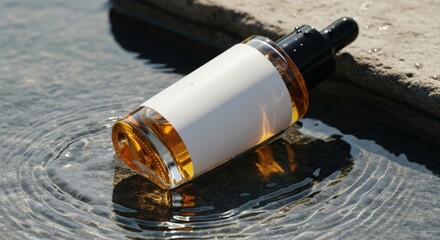 Brown cosmetic dropper bottle with blank label floating on water. Beauty skincare product mockup for advertising.