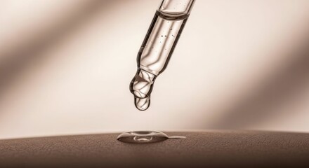 Clear liquid pipette dropping serum onto textured surface. Transparent cosmetic product for beauty and health. Skin care essence application.