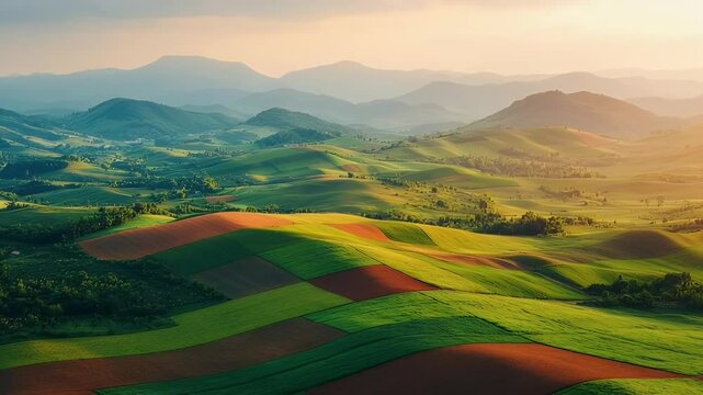 Rolling hills with patchwork fields under a soft, golden light