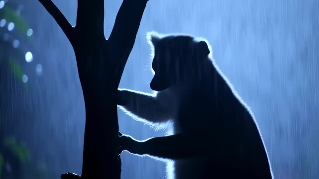 Dramatic Silhouette of a Monkey in Heavy Tropical Rain at Night, Backlit