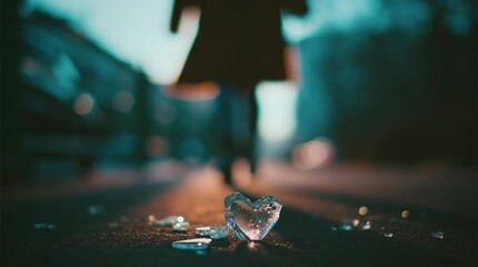 broken glass heart on asphalt with a person walking away – perfect for blog posts, mental health awareness, or relationship advice content	

