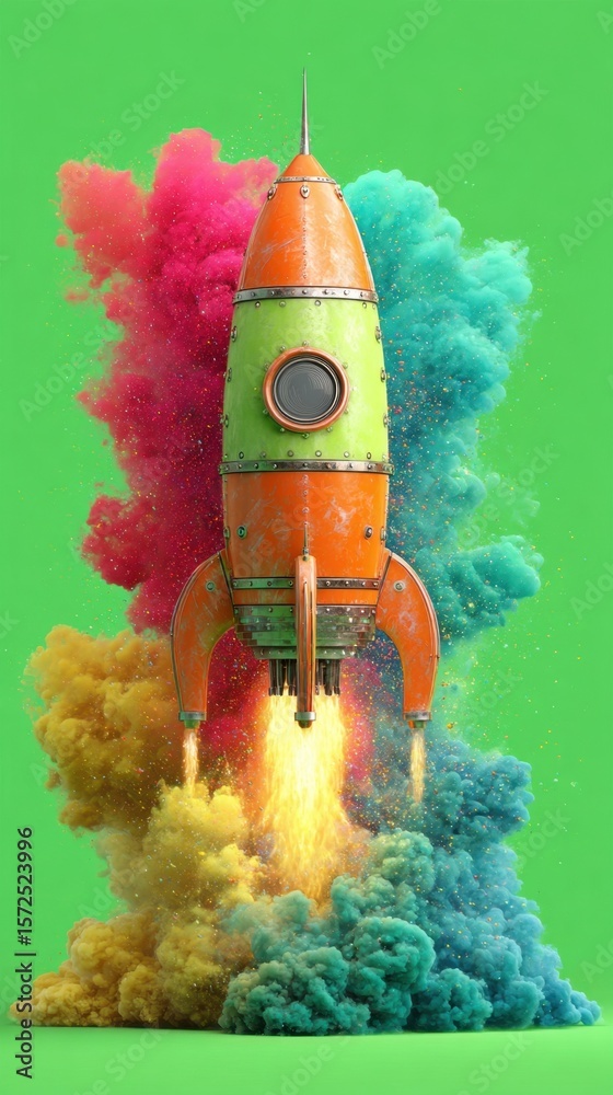 Poster whimsical rocket igniting with an array of bright colors seamlessly integrating with a green screen 