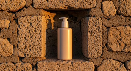 Blank beige display bottle standing on a stone ledge, sunlit. Natural cosmetic product mockup against ancient rocks.