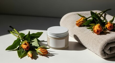 Cosmetic jar for beauty product mockup. Blank white label, no text. Skincare cream or lotion container for health and wellness. Top view.