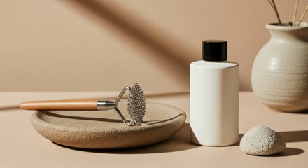 Face massager roller for beauty and skin care with cosmetic bottle mock up. Spa and wellness product.