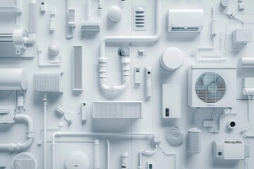 Monochromatic, organized wall of white HVAC and plumbing components, various shapes and sizes, creating a dense, textural display.