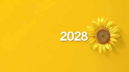 Bright and Cheerful Sunflower with a 2028 Numerical Display on a Vibrant Yellow Background