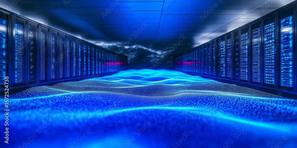 Poster futuristic data center with digital ocean abstraction and advanced cloud database concepts