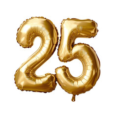 Gold balloon shaped as the number twenty-five, isolated on transparent background