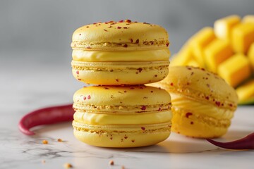 A stack of yellow macarons with red sprinkles and mango pieces on a marble surface in soft lighting