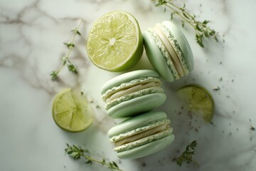Aerial view of light green macarons with lime slices and thyme sprigs on a marble surface top down view