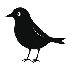 Simple black silhouette of a small bird standing on two legs with a white eye and a pointed beak