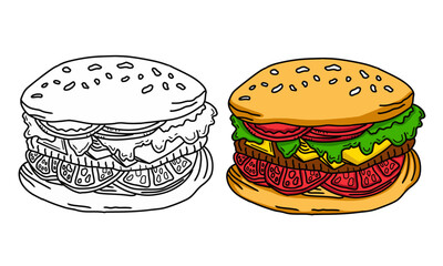 Burger outline and colored vector set. Burger icon logotype image, outline, isolated on white background