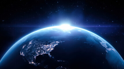 Obraz premium 3D render of planet Earth showcasing illuminated cities in North America and Scandinavia from space