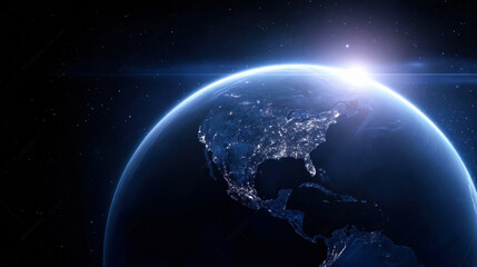Obraz premium Stunning 3D render of planet Earth glowing in the dark from space with vibrant city lights