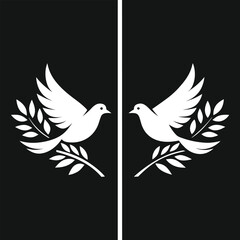 Symmetrical white doves with olive branches on a black background symbolizing peace and hope