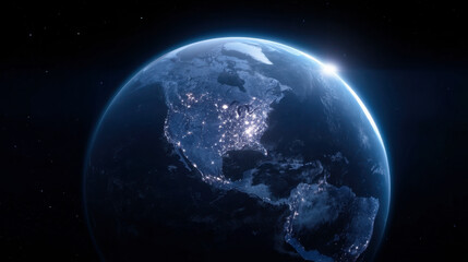 Fototapeta premium Glowing city lights illuminate Earth from space with a detailed view of continents