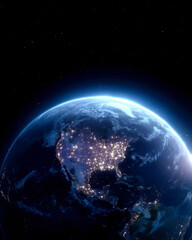 Obraz premium Planet Earth illuminated from space with vibrant city lights in America and Scandinavia