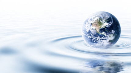 Floating Earth on serene water with soft sunlight and calm atmosphere