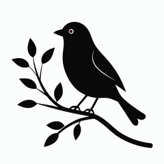 Silhouette of a black bird perched on a stylized branch with dark leaves against a clean white background a simple and elegant nature illustration