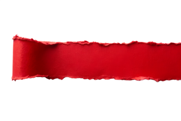 A vibrant red torn paper strip with a curled edge is isolated on a transparent background