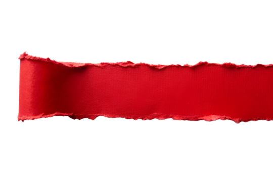 A vibrant red torn paper strip with a curled edge is isolated on a transparent background