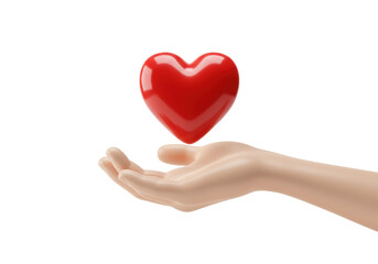 Fototapeta premium A minimalistic 3D rendered human hand with light skin in an open palm gesture, gently presenting a vibrant red, glossy floating heart on a transparent studio background with copy space. Concept of