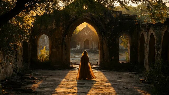 Ruined temple at dawn, a lone figure walks through arches
