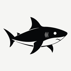 Simple black silhouette of a friendly cartoon shark with a big eye and a smile isolated on a white background