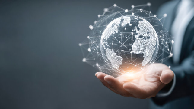 Businessman showcasing digital Earth hologram highlighting global connectivity