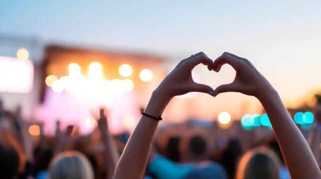 Concertgoer forms heart shape at beachside music festival during vibrant sunset