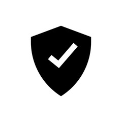 Black shield icon with a white check mark symbolizing security and approval on a white background