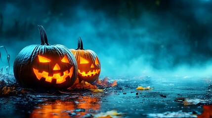 Naklejka premium Halloween Scene Featuring Glowing Jack-O'-Lanterns and Eerie Foggy Atmosphere