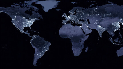 Global satellite map showing city lights at night across continents
