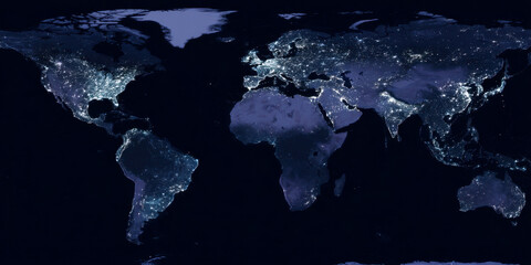 Map of Earth at night revealing city lights across continents from a flat view perspective
