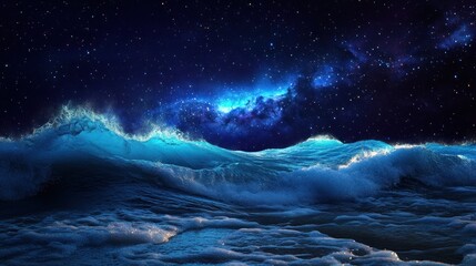 Fototapeta premium Celestial Ocean: Waves Beneath a Starry Night Sky, Ethereal Seascape