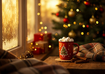Cozy Christmas Morning Scene with Hot Cocoa, Frosted Window, and Holiday Lights in Warm Rustic Setting