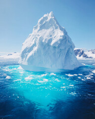 Melting iceberg towers over turquoise waters in the Arctic under a clear blue sky