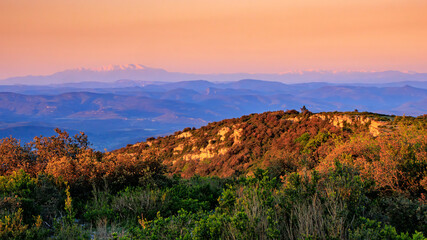 Early morning landscape from the top of Mount Alaric in the South of France. Garrigue, rocks, horizon, and the snow-capped Pyrenees.