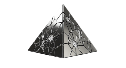 Abstract Broken Silver Pyramid on Transparent Background with Fractures