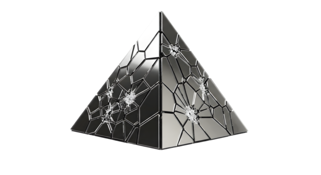Abstract Broken Silver Pyramid on Transparent Background with Fractures