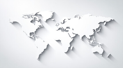 Minimalist white paper world map on grey background with shadows highlighting continents