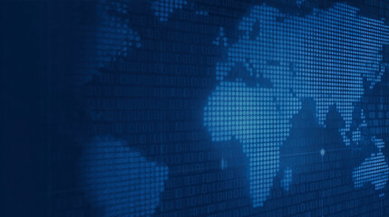 World map in glowing binary code with a digital aesthetic representing technology and connectivity