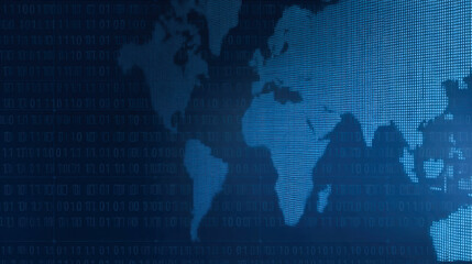 World map overlaid with binary code in a digital aesthetic and futuristic design