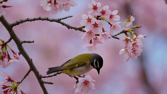 Small bird perched on a cherry blossom branch