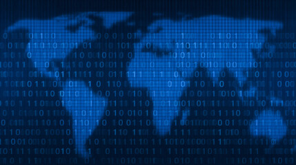 World map adorned with glowing binary code in a digital art style for futuristic themes